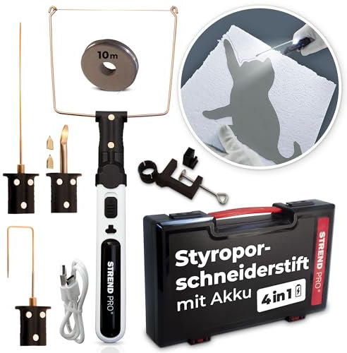 STREND PRO Tagliapolistirolo a Filo Caldo Ricaricabile | 4-in-1 Taglierino a Filo Caldo 550°C per Progetti Fai da Te | Valigia, USB-C, Filo da 10m, Adattatori per Coltelli | Taglierina Polistirolo