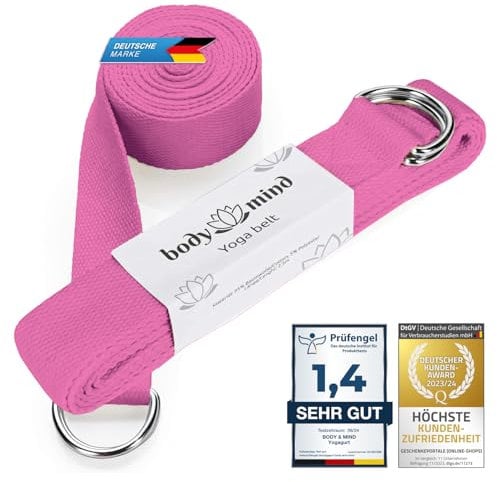 Body & Mind® Yogagurt aus 100% Natur Baumwolle - 250 cm lang; Yoga-Band Yoga-Gürtel mit D-Ring-für Anfänger & Fortgeschrittene; Pilates & Fitness Übungen (Rosa)
