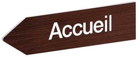 DECOHO - Panneau directionnel personnalisable – Gauche – Pancarte personnalisable en forme de flèche avec gravure laser - Résistant aux intempéries & UV - Adhésif 3M - 8x30 cm – Marron - Marron