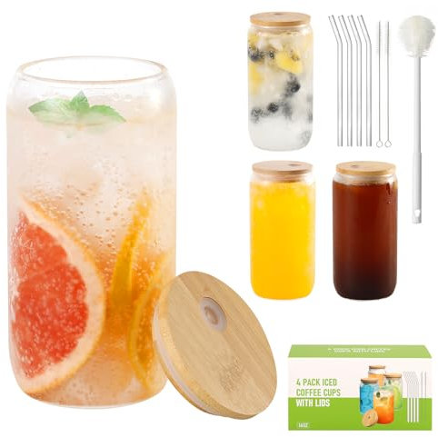 Drinking Glasses with Bamboo Lids and Straws - 4 Pack Empty 16oz Can Shaped Glass Cups with Glass Straws & Straw Cleaning Brush-Beer Glasses, Iced Coffee Glasses, Cute Tea Cup, Cocktail, Fresh Juice