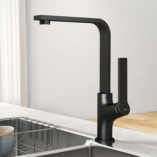 EMKE Küchenarmatur Schwarz Matt im Ultradünnen Design, 30x22x10 cm Küchenarmatur, 360° Drehbar Wasserhahn Küche, Einhebelmischer Edelstahl für Moderne Küchen