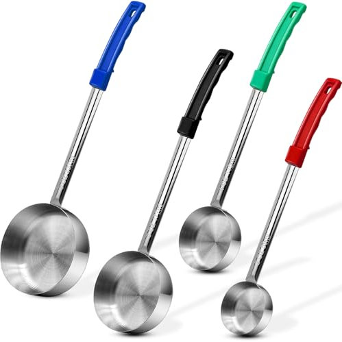 Stainless Steel Solid Portion Control Ladle Spoon - Pizza Sauce Serving Spoons Portion Ladle for Sauces, Perfect for Weight Watchers, Buffets, Parties，2 oz 4oz 6oz 8oz Color Handles Spoodle - Set of 4