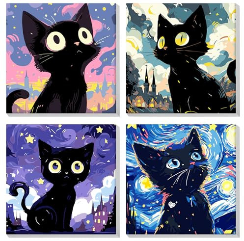 MOGTAA 4 Pack Peinture Numero Adulte avec Cadre, Chat Peinture par Numero Adulte, DIY Ciel Etoilé Numéro d'Art Kits, Loisirs Créatifs Adultes, pour décoration d'intérieur, 20x20cm
