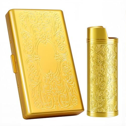Étui à cigarettes vintage en métal, avec étui à briquet, capacité 12 cigarettes 100 mm, rangement cartes RFID et argent (Perlgold, 12pcs 100's)