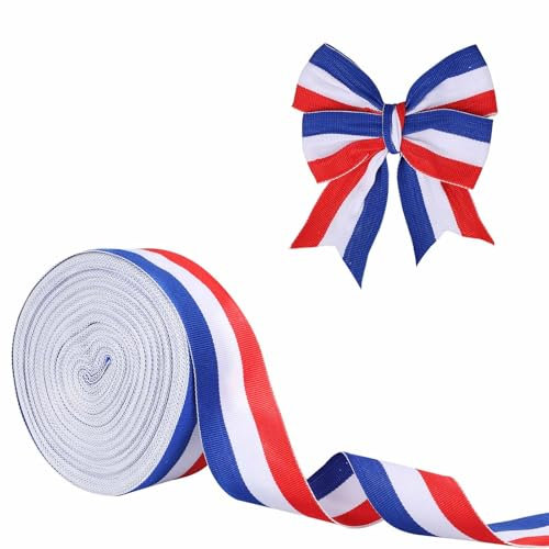Ruban Rouge Blanc Bleu, 4cm x 24m Polyester Rayé Aux Couleurs Drapeau Américain Patriotique pour Emballage Cadeau Commémoration 4er Juillet Décoration Couronne DIY Fête Artisanat