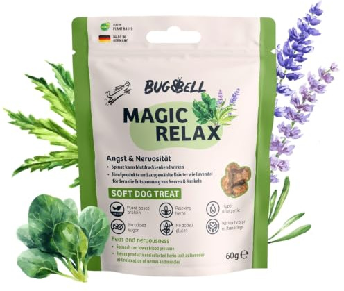 BugBell 60g Weiche Hundeleckerli MagicRelax – purinarme Hundesnacks | Vegan Soft Snacks Hund für Ruhe & Entspannung – mit Hanf, Fenchel, Kamille und Spinat - Fettarme Snacks für Hunde