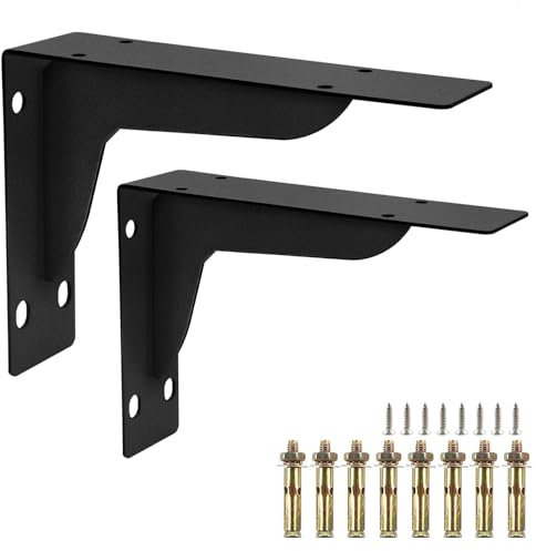 Heavy Duty Shelf Brackets – 2 Pack Black 8 Inch L-Shaped Iron Brackets with Fixings – Wall Mounted Metal Shelf Supports for Kitchen, Utility Room, Small Floating Shelf, Book Rack