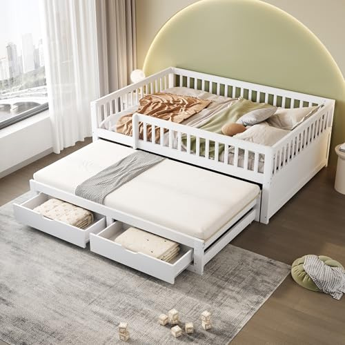 Kinderbett 140x200 Massivholz Schlafsofa mit Ausziehbett & Schubladen, Multifunktionsbett Tagesbett Gästebett Stauraumbett Jugendbett Bettgestell mit Rausfallschutz & Lattenrost, Ohne Matratze, Weiß
