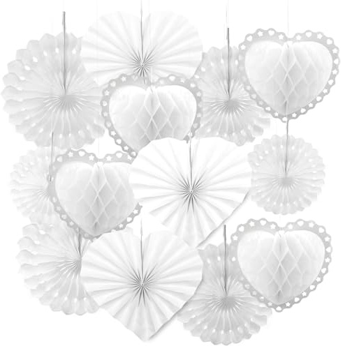 Daily Treasures White Heart Hanging Decorations - 13pcs 3D Love Paper Fans & Honeycomb Balls Pom Poms Set for Wedding Valentines Party Decorations Bridal Shower Anniversary Birthday Engagement(White)