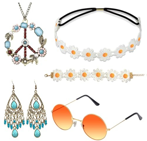 Alintor Hippie Accessoires für Schlagermove Outfit Damen, Flower Power Zubehör für Hippie Kostüm, 60er 70er Jahre Bekleidung, Peace Kette, Brille