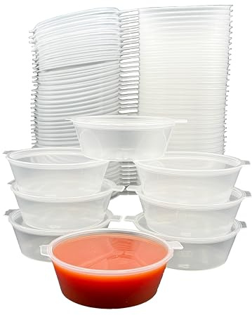 50 x 2oz Clear Round Hinged Plastic Pots with Lids – Small Disposable Food Containers for Sauces, Dips, Condiments, Dressings, Sampling & Takeaway
