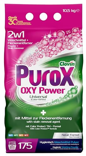 Purox OXY Power Detergente en polvo universal en bolsa de aluminio, detergente en polvo potente, detergente para todo tipo de tejidos, elimina manchas, protege contra la cal, 10,5 kg