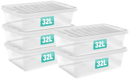 Optimal Products 5 x 32 Litre Underbed Clear Plastic Storage Box With Lids UK BRITISH MADE Home Office Stackable Transparent Plastic Boxes, Size 5,11,24,28,35,45,62 Litre