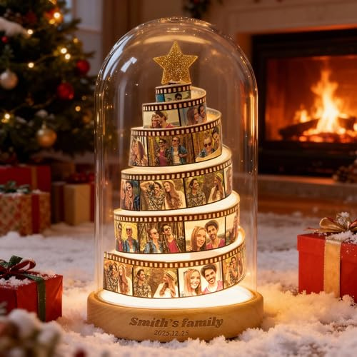 Personalised Film Christmas Tree Photo Night Light, Custom LED Lamp with Engraved Wood Base, Warm Light Up Picture Frame – Unique Christmas Xmas Gift & Bedroom Decoration for Kids, Family