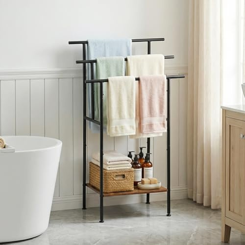FetiNes Porte-serviettes sur pied sans perçage, Design Industriel avec 3 barres et étagère en bois, Rangement pour salle de bain, chambre, couloir – Gain de place, Marron foncé/Noir