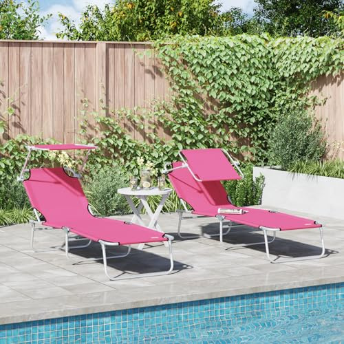 HEFZGDB Klappbare Sonnenliegen 2 STK mit Sonnendach Rosa 600D Oxford-Stoff Outdoor Relax Komfortabel Verstellbar Mehrfach Einstellbar UV-Beständig Wasserdicht Robust Langlebig Falten