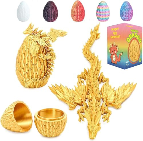 Shangkanlan 3D Printed Dragon in Egg - Fully Articulated Crystal Figurine for Christmas Easter Birthdays, Executive Desk Decor (Golden)