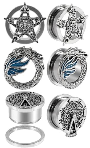 Generisch 1 Paar Edelstahl Ohr-Tunnel Stecker - 8-25mm | Uhren-, Fünfstern-, Geisterkopf- & Blauer Flügeldrachen-Motive | Außengewinde Ohrdehnungs-Jewelry​(Dragon,25mm)