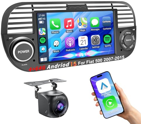 4+64G Android 15 Car Stereo for Fiat 500 (2007-2015) Wireless CarPlay & Android Auto &MIrror Link, 7 Inch 1280 * 720 IPS Touch Screen With GPS Navigation Bluotooth 5GWIFI Free Backup Camera FM Radio