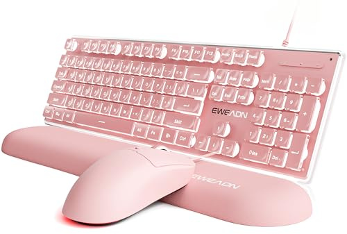 Wired Keyboard and Mouse Combo, White Backlit with Detachable Wrist Rest | Light-Up Letters, Soft Typing, Full Size, Quiet Mouse, Aesthetic Set for Laptop, PC, Mac OS, Pink, EWEADN GX710S