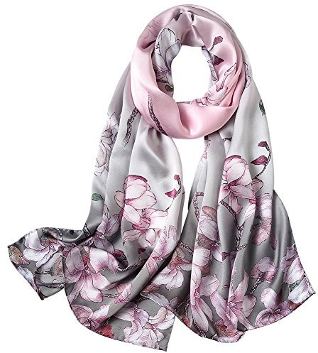 STORY OF SHANGHAI Sciarpa di 100% Seta Charmeuse da Donna Foulard a Raso con Fantasie Orientale, Fiori Rosa su Grigio