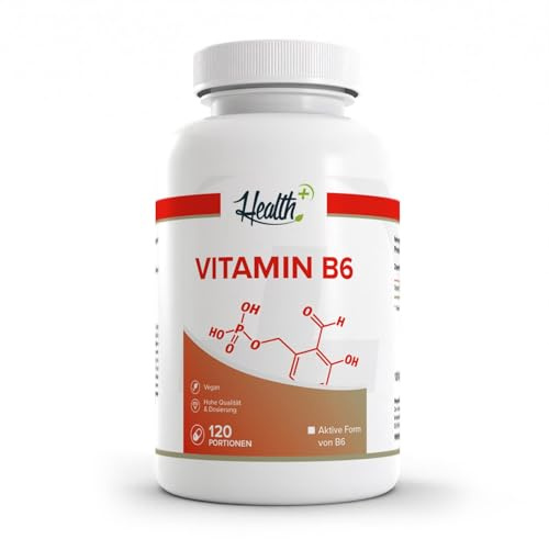 Health+ Vitamin B6 - 120 Kapseln mit 30mg P-5-P pro Kapsel, aktive Form von B6, trägt zu einem normalen Energiestoffwechsel und die Regulierung der Hormontätigkeit bei, Made in Germany