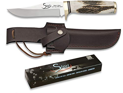 Steel 440 Cuchillo Ciervo con funda incluida 12,5 cm para Caza, Pesca, Camping, Outdoor, Supervivencia y Bushcraft 31913 + Portabotellas de regalo