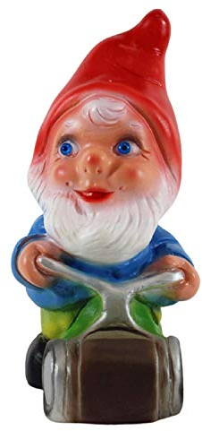 RAKSO Gartenzwerg Deko Garten Figur Zwerg Gärtner mit Rasenmäher stehend aus Kunststoff Höhe 19 cm