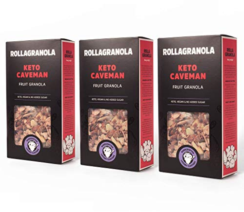 Rollagranola - Keto Caveman, Fruit Granola, 3 x 300g Box - Keto Granola, High Protein, Low Carb, Vegan, Gluten Free & Cereal Free with No Added Sugar, Handcrafted in the UK (3 x 300g)