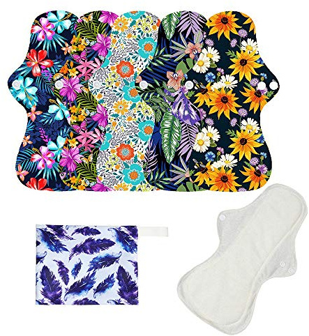 6pcs/Set Resuable Washable Incontinence Pads, Waterproof Organic Bamboo Resuable Menstrual Pads Sets, Including 5pcs Heavy Flow Cloth Mama Sanitary Napkins + 1pc Mini Wet Bag