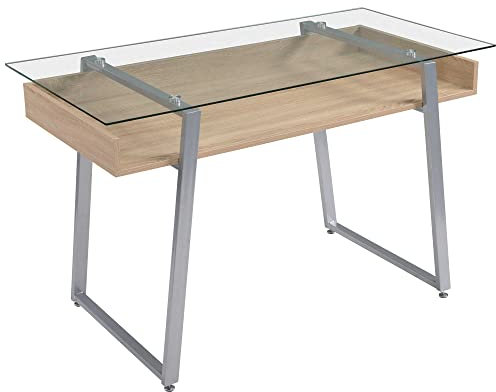 HOMCOM Scrivania da Computer di Design con Piano in Vetro Temperato di 9mm e Telaio in Legno e Acciaio, per Casa Ufficio