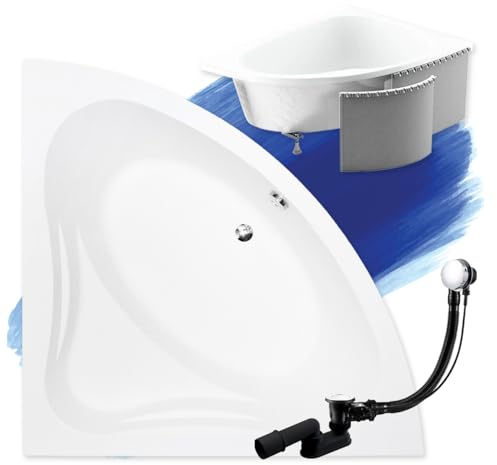 BADLAND Badewanne Original Weiß Acryl Wanne Eckbadewanne MIA 120x120 KOMPLETTSET SET mit Premium Styroporverkleidung + Füßen und Exklusive Chrom Automatik Ablaufgarnitur Made in EU 4in1