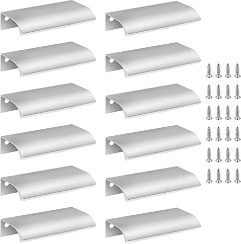 Cjueiom 12 Pack Concealed Kitchen Cupboard Handles 64mm Hole Center Hidden Drawer Pulls, Finger Edge Pull Aluminum Cabinet Handle Invisible Door Knob for Wardrobe (80mm Total Length, Silver)