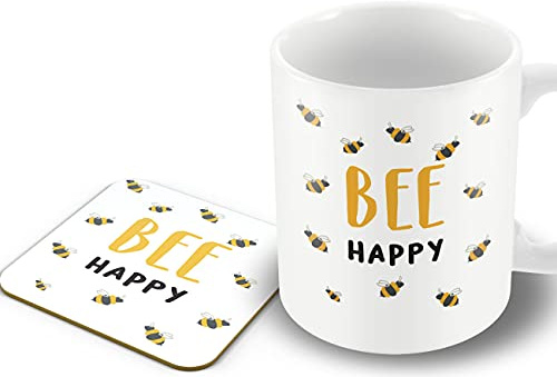 The Victorian Printing Co - Bee Happy - Motivational Garden Gift Mug and Coaster Set, Ceramic, 11 fl. oz.