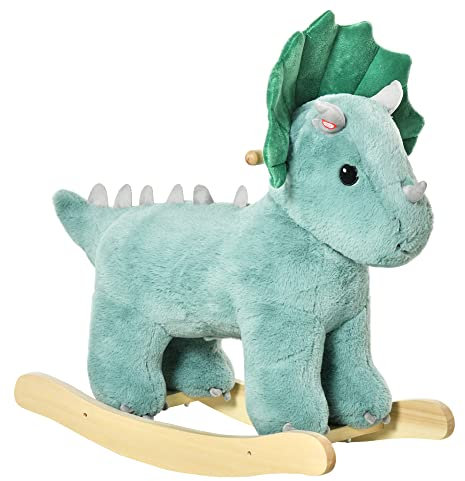 HOMCOM Caballito Balancín para Niños de +3 Años en Forma de Dinosaurio Caballo Balancín con Sonidos Realistas y Base de Madera Carga 45 kg 64x30x54 cm Verde Oscuro