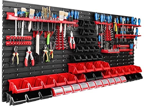 Système de rangement mural pour atelier et garage 172 x 78 cm Avec 50 boîtes empilables et supports d’outils Panneau porte-outil perforé ultra solide