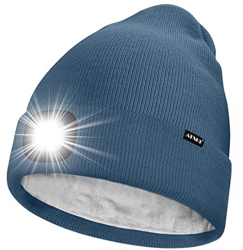 ATNKE LED Mütze mit Licht,Wiederaufladbare USB 4 LED Beleuchtete Laufmütze Extrem Heller Lampe Winter Warme Gefüttertes Fleece Stricken Mütze für Herren und Damen Geschenke/Shadow Blue