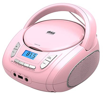 Portable CD Player Boombox with Bluetooth, FM Radio, USB MP3 Playback,3.5mm AUX Headphone Jack and USB Input, Compact CD Player Radio Stereo System (Radio CD Boombox Pink)