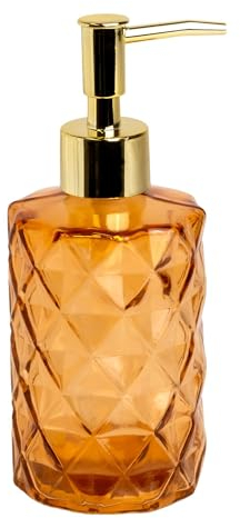 Intirilife Seifenspender aus Glas in Orange mit Karo Muster - 310ml Füllmenge - Spender für Seife Dosierer Handseifenspender für Küche Bad nachfüllbar mit Pumpe