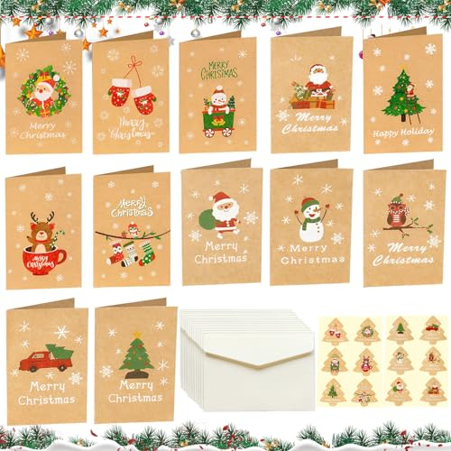 Weihnachtspostkarten, 12 Set Weihnachtskarten mit Umschlag und Aufkleber, Weihnachten Karten Karte Postkarte Weihnachtspostkarte, Weihnachtskarte Klappkarten Blanko Grußkarten für Weihnachtsgrüße