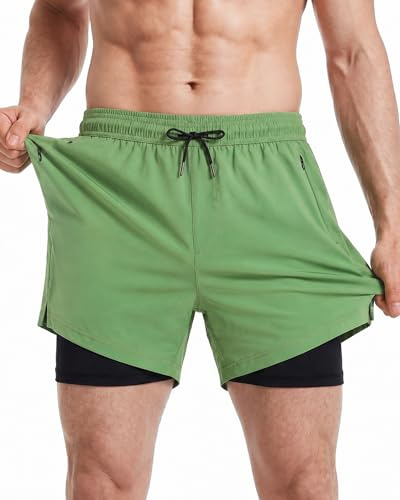 MaaMgic Maillot de Bain pour Hommes avec Compression Short de Bain 2 en 1 | 5.5 Séchage Rapide Short de Natation décontracté Boardshorts avec Pantalon intérieur et Poche,Vert Herbe Noir CR 5.5,XXL