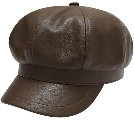 ZLYC Unisex PU Leder Ballonmütze Schirmmütze Retro Klassisch Achteck Kappe Winter Baskenmützen(Coffee)