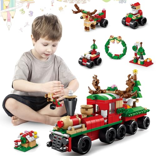 Weihnachtliches Bauspielzeug, 6 in 1 Weihnachtsmann, Elchauto Bausteine Bausteine zur Anordnung Kleiner Partikel, Mini Weihnachtsbausteine Weihnachtsspielzeug für Kinder