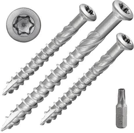 Viti per terrazze con testa svasata e attacco TX, in acciaio inox temprato C1, con 1 punta S2, fresa per gambo + punta tagliata, rinforzata con nervature per fresatura, con omologazione ETA, 5 x 40