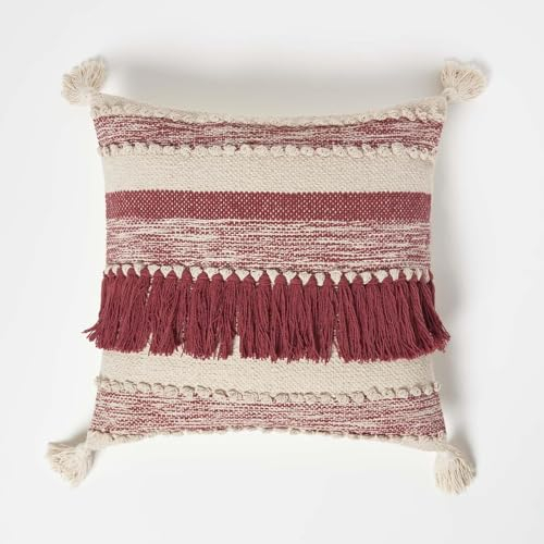Homescapes Kelim Kissen Zadar rot-weiß gestreift, Boho Kissen 45x45 cm mit Quasten & Fransen, Deko-Kissen mit Füllung