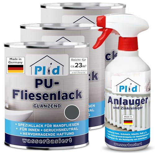 Plid Fliesenfarbe Anthrazitgrau Glänzend 2,25 l – mit Anlauger | Fliesenlack Bad & Küche | Feuchtigkeitsbeständig | Hochdeckend | Wandfliesen Innen | ca. 23 m² | Made in Germany