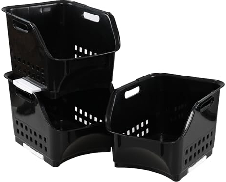 Buyitt 3 Pack Plastic Stackable Storage Bins, Kitchen Stacking Baskets Rack for Organising Fruits Vegetables, Black