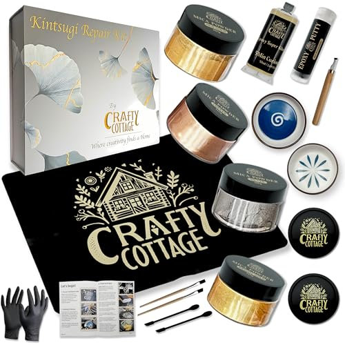 Crafty Cottage Kintsugi Repair Kit - Premium 23 pcs, 4 Metallic Colors, Japanese Ceramic Gold Repair Kit, Gold Glue, Gold Epoxy, Kintsugi Pottery