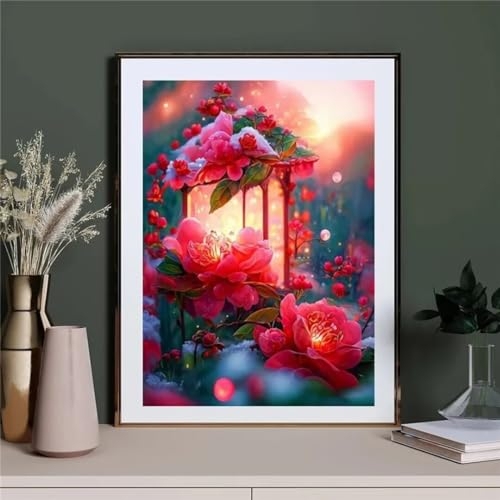 Senyanr 5D Diamond Art Kits for Adults Red Peony Lantern,DIY Square Full Drill Diamond Painting Kits for Adults Beginners,Crystal Cross Stitch Canvas Art Painting for Home Wall Decor 30x40cm