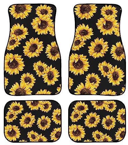 Auto-Fußmatten mit Sonnenblumen-Motiv, niedliche gelbe Blumen auf schwarzem Hintergrund, florales Fahrzeug, vorne und hinten, universal, rutschfest, Auto-Zubehör für Auto, SUV, Van, LKW, 4 Stück